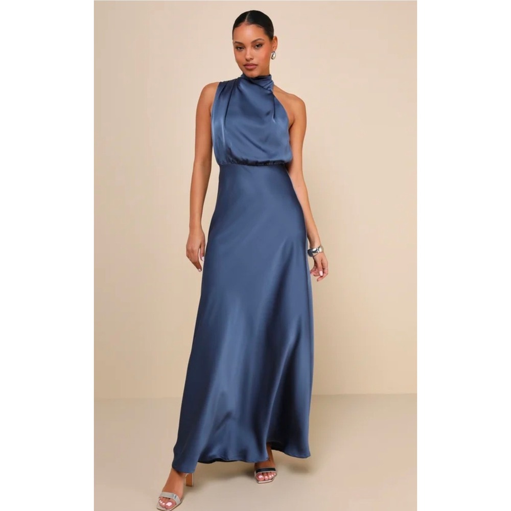 Lulus Distinctive Charm Slate Blue Satin Asymmetrical Maxi Dress Medium Womens